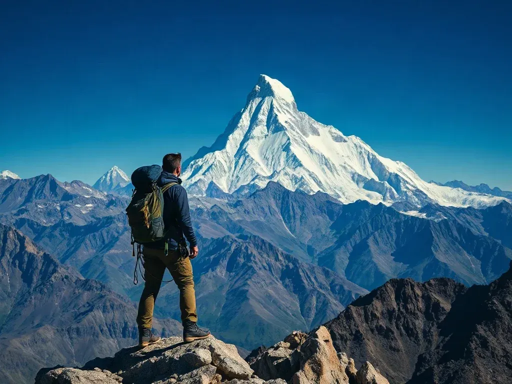 Alpinista podziwiający majestatyczny, ośnieżony szczyt Aconcagua na tle surowego krajobrazu Andów.