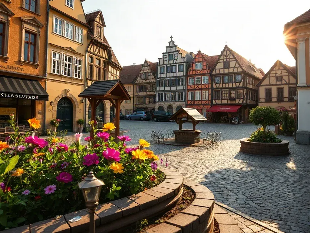 Zabytkowy rynek w Kazimierzu Dolnym z kolorowymi kamienicami, drewnianą studnią i kwitnącymi kwiatami w promieniach słońca.