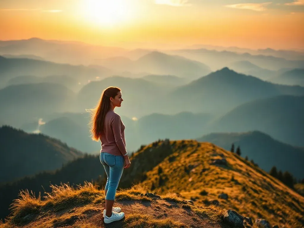 Kobieta podziwiająca panoramę Tatr podczas złotej godziny, ukazująca majestat polskich gór.